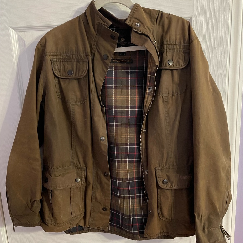Brown waxed Barbour jacket.